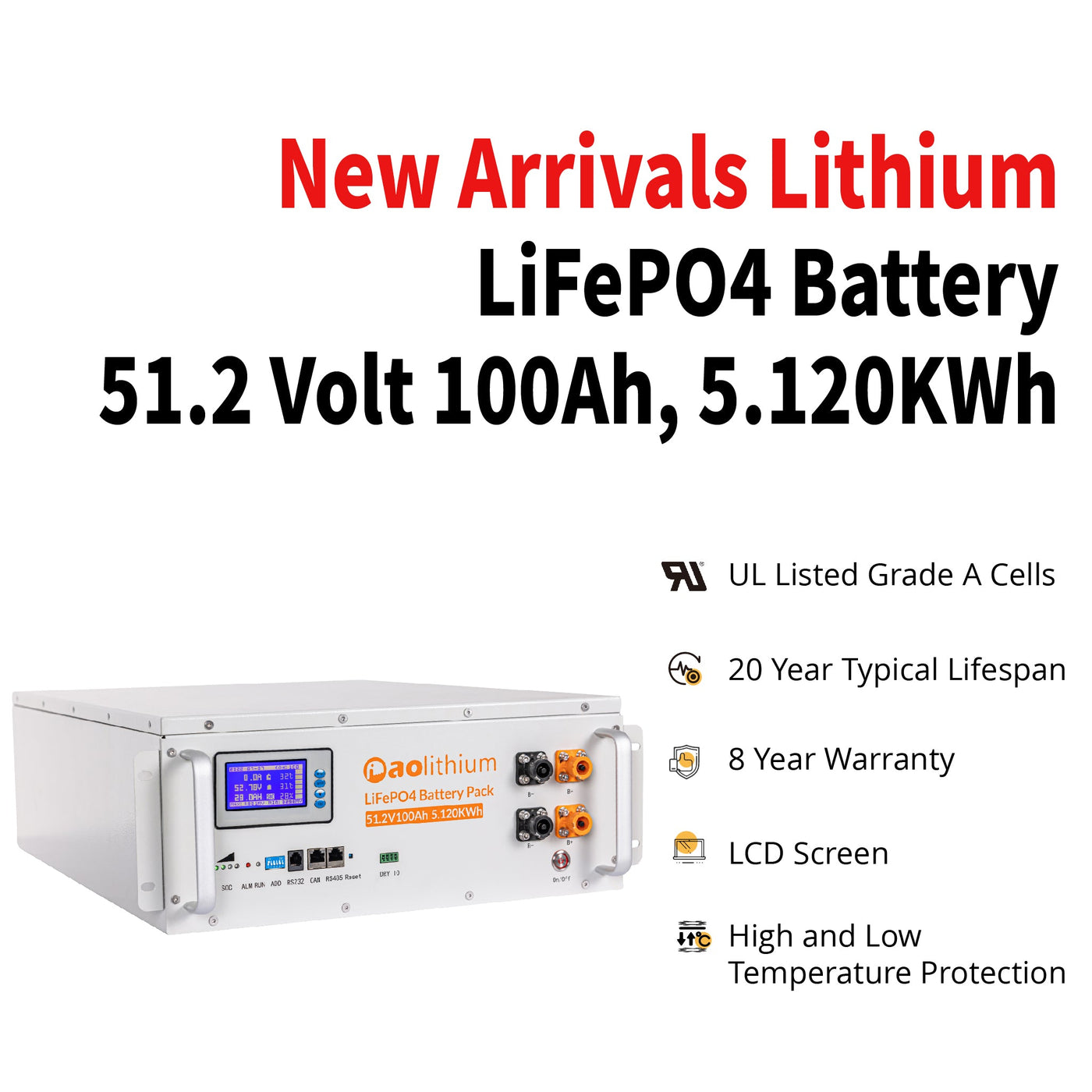 Aolithium 100Ah battery comes with smart programmable BMS and 4 temperature sensors for high and low temperature protection.